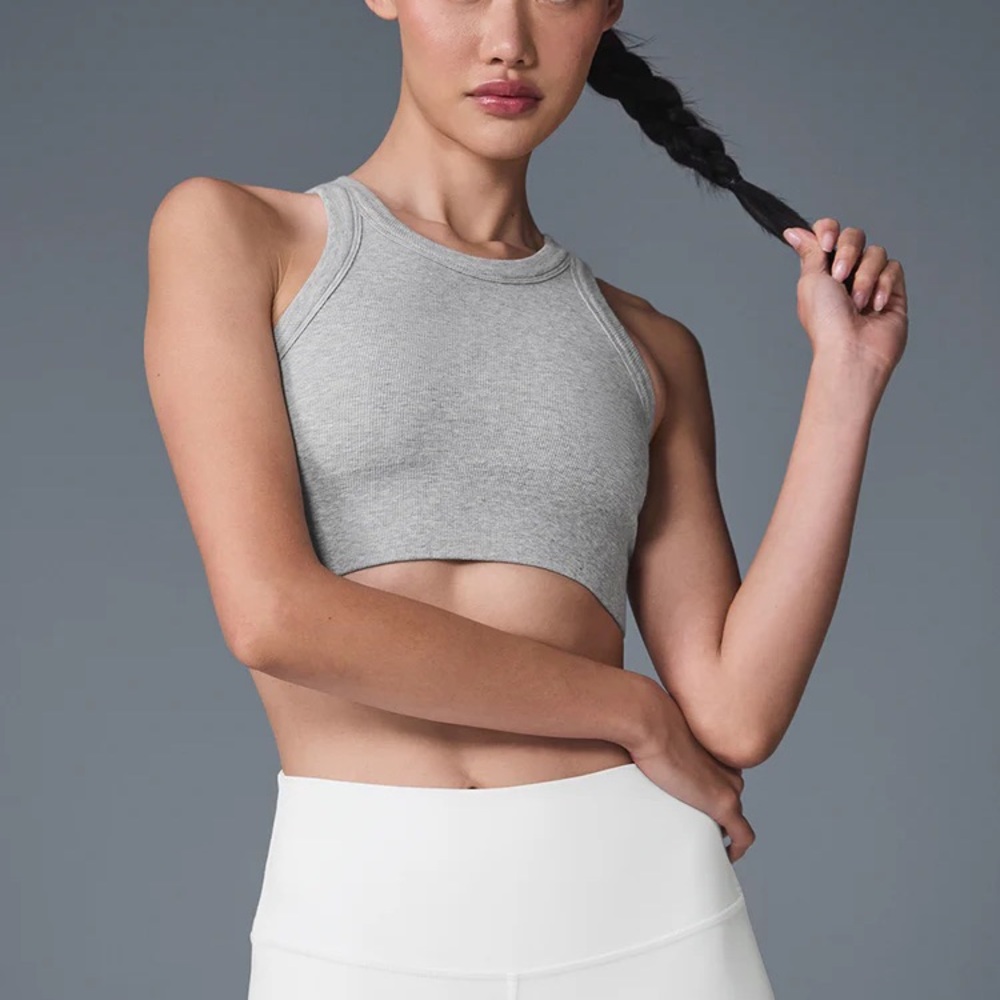 Alo Seamless Delight High Neck Bra Tank, Athletic Heather Grey